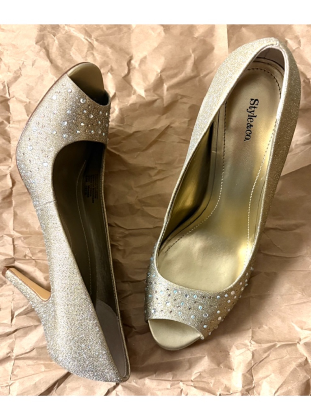 (New) Style & Co Peep-Toe heels Size 8.5 Rhinestones gold glitter